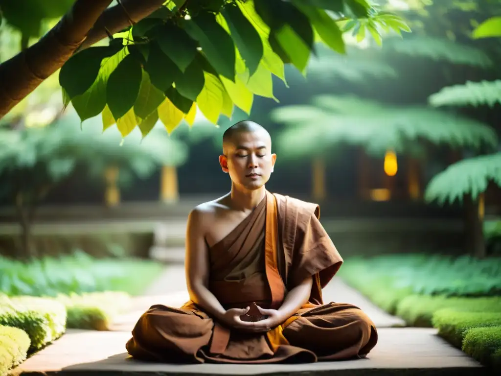 Imagen de un monje budista meditando en un jardín tranquilo, rodeado de exuberante vegetación