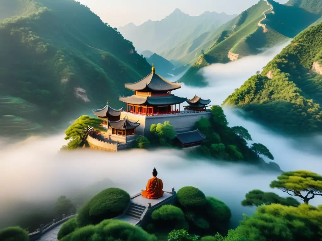 Imagen de montañas neblinosas en China con un templo Chan budista, evocando la fusión de Taoísmo y Budismo en una atmósfera serena y espiritual