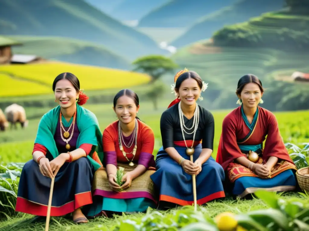 Imagen de mujeres en un matriarcado en Asia, con vestimenta tradicional, mostrando fortaleza y comunidad en sus actividades diarias