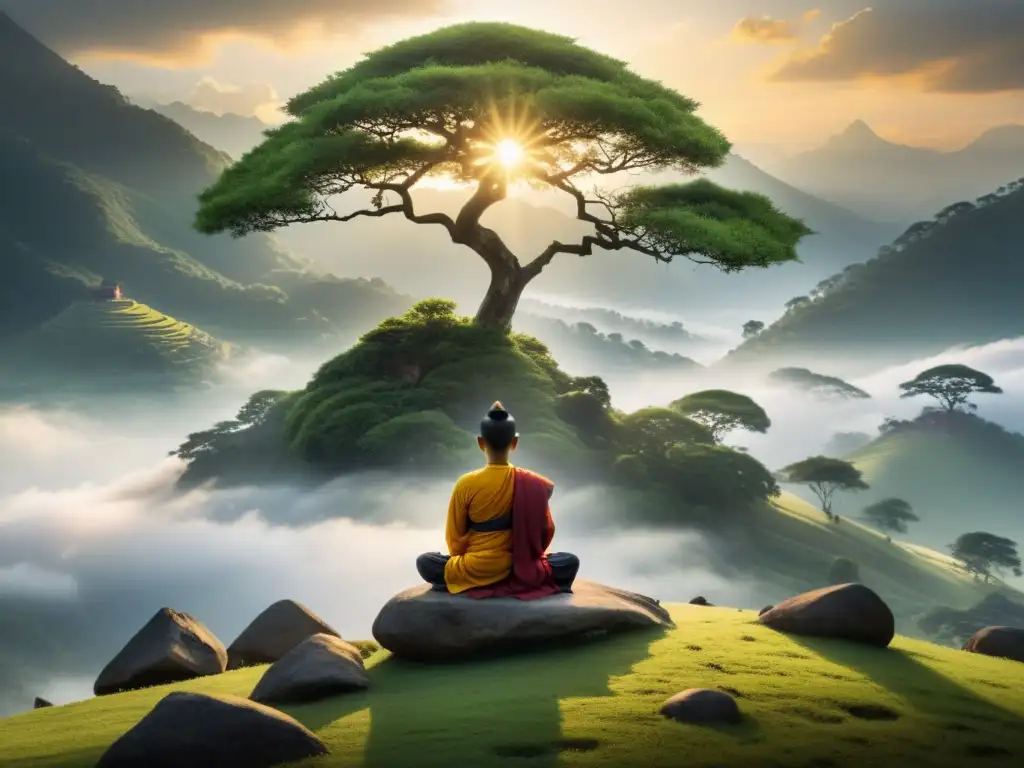 Imagen de montaña neblinosa con figura meditando bajo un árbol Bodhi, el sol irradia calidez