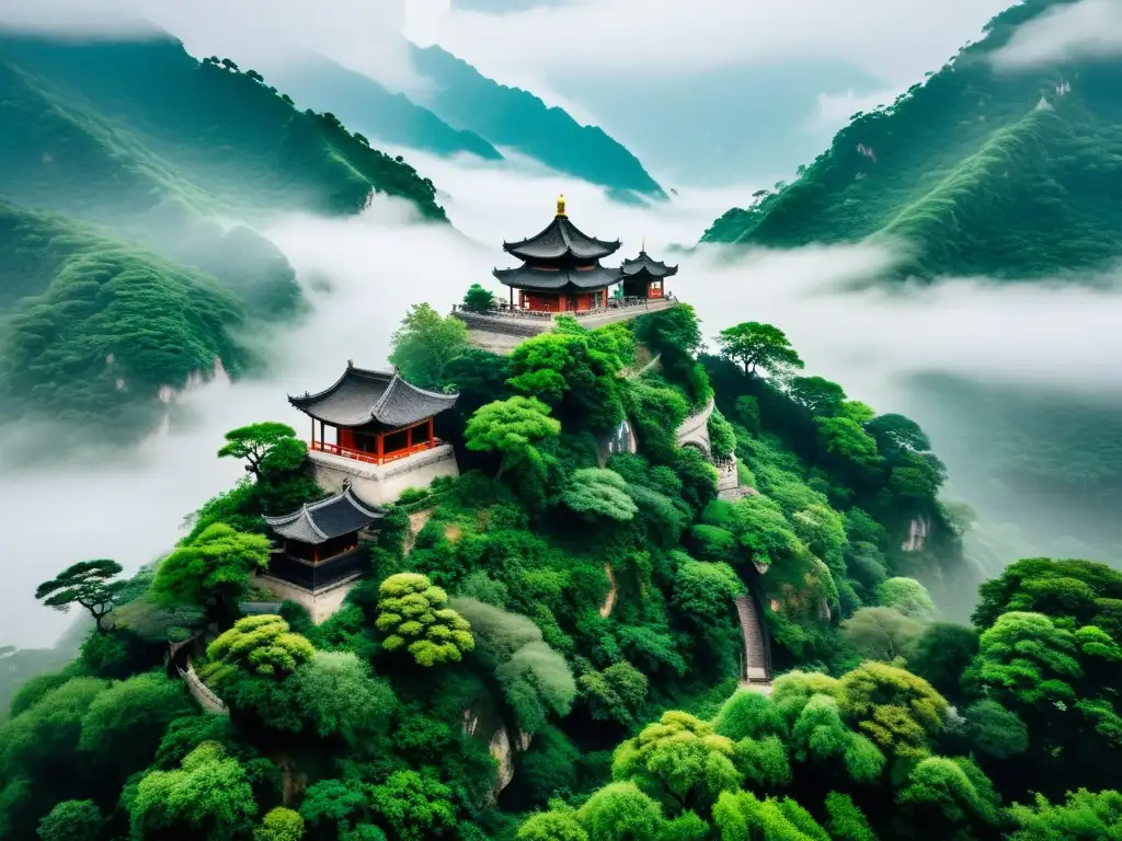 Imagen de montaña neblinosa con templo taoísta, capturando la esencia de la filosofía del Kung Fu Taoístico en la naturaleza serena de China