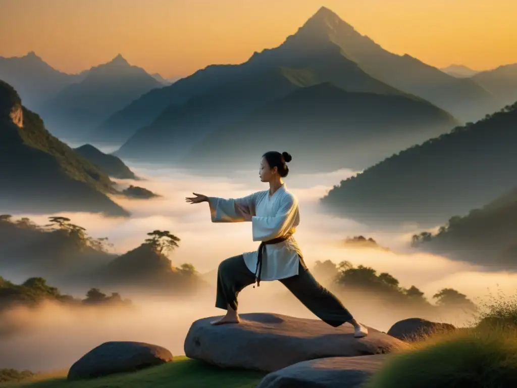 Imagen de montaña con niebla al amanecer, practicante de Tai Chi fusionando movimientos en armonía con la naturaleza