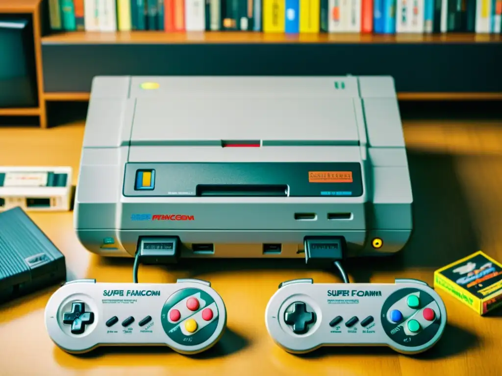 Imagen nostálgica de consola retro asiática Super Famicom, rodeada de juegos vintage y detalladas etiquetas japonesas