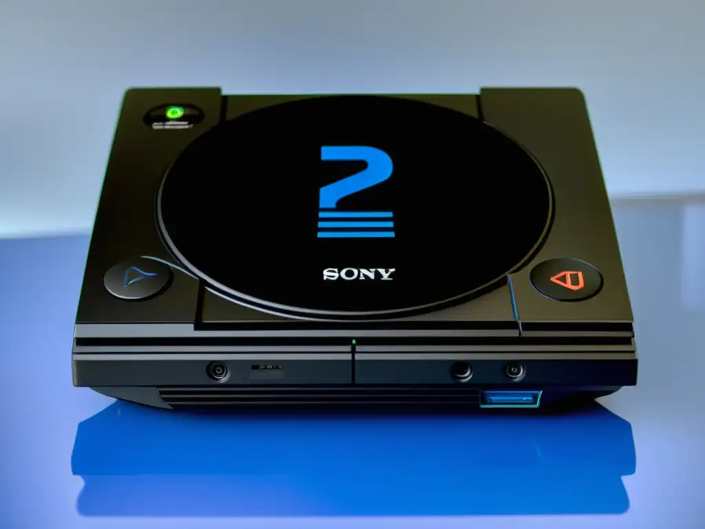 Una imagen nostálgica de la icónica consola Sony PlayStation 2, con su elegante exterior negro, logo azul y bandeja abierta