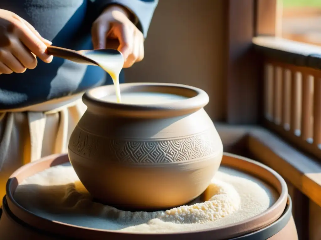 Una imagen de una olla de barro coreana tradicional llena de makgeolli fermentando, con condensación en los lados y burbujas en la superficie