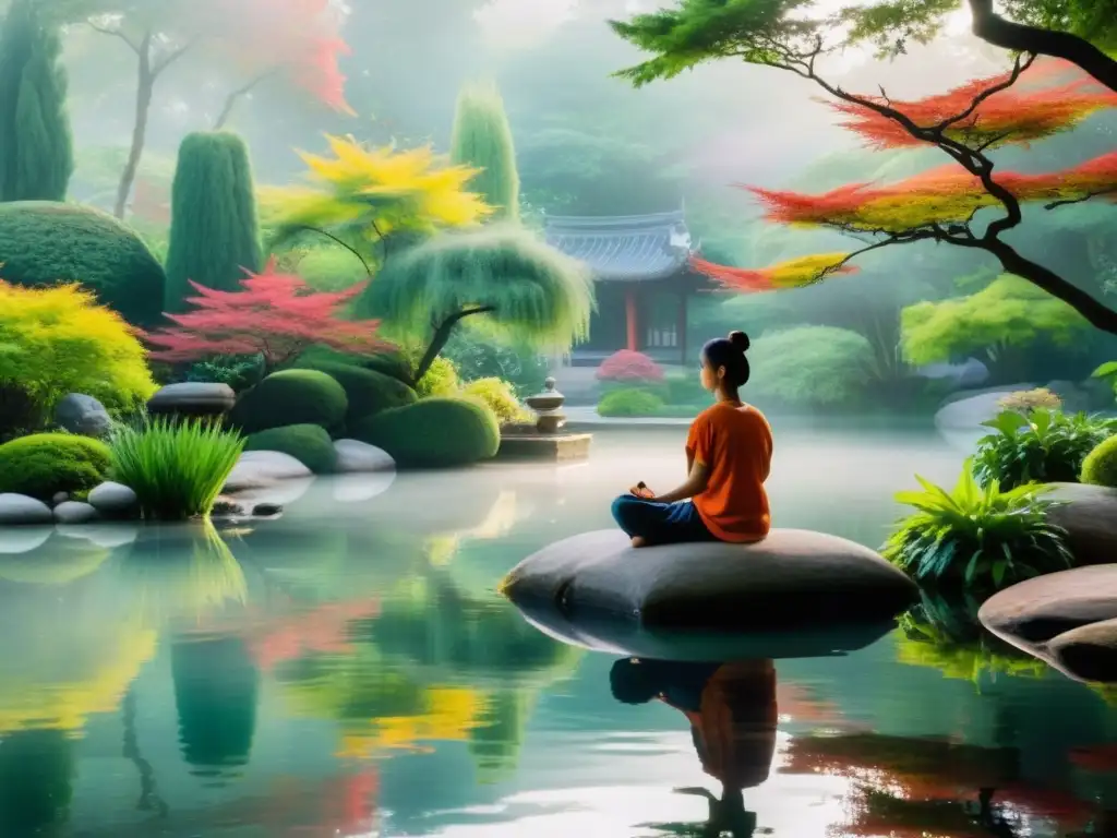 Imagen de un jardín oriental sereno con un estanque y una persona meditando, evocando calma y paz interior