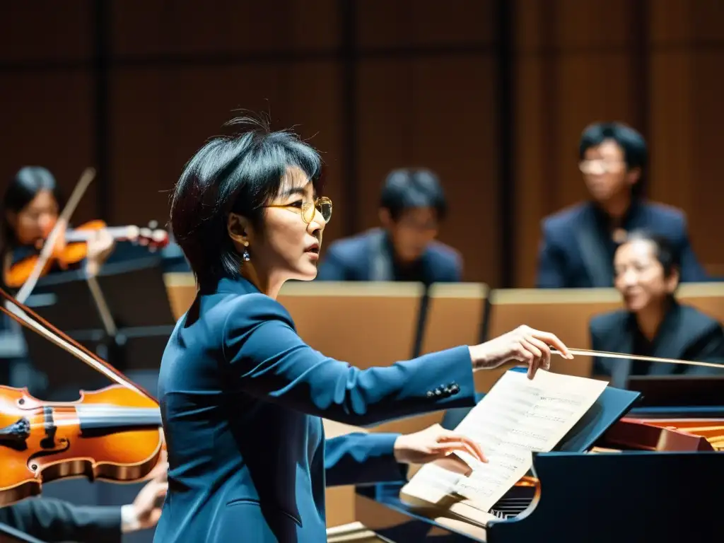 La imagen muestra a Yoko Kanno dirigiendo apasionadamente una orquesta en vivo, interpretando la icónica banda sonora de 'Cowboy Bebop'