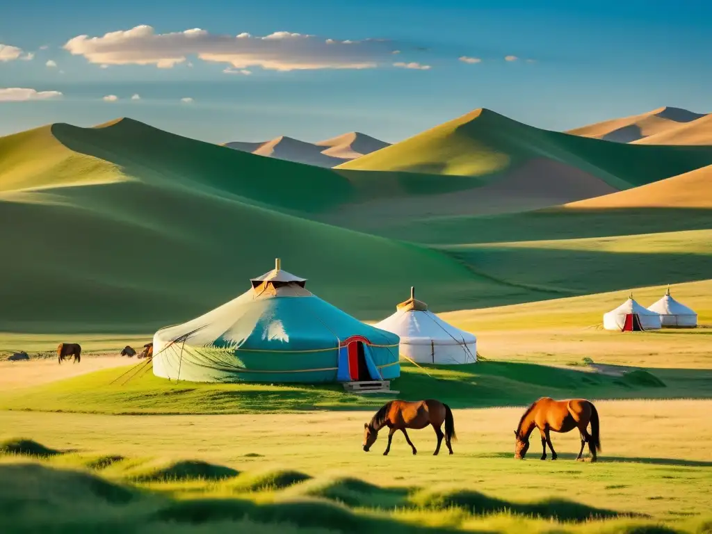 Imagen de un paisaje impresionante de la estepa mongola, con yurtas tradicionales y águilas doradas, ideal para el glamping de lujo en Mongolia