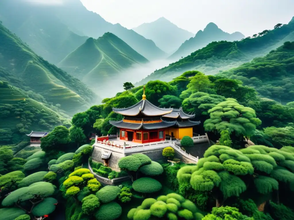 Imagen de un paisaje montañoso en China con un tranquilo templo Chan budista entre la exuberante vegetación y monjes en meditación