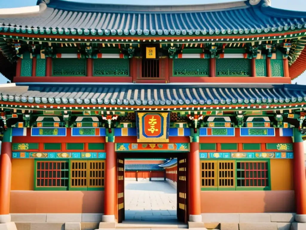 Imagen de alta resolución del Palacio Gyeongbokgung en Seúl, con simetría en arquitectura asiática y detallados diseños tradicionales