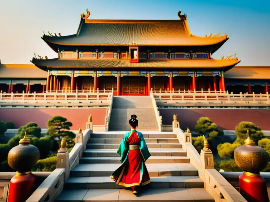 Imagen de un palacio chino antiguo con detalles arquitectónicos, colores vibrantes y escenas históricas de series asiáticas educativas historia cultura