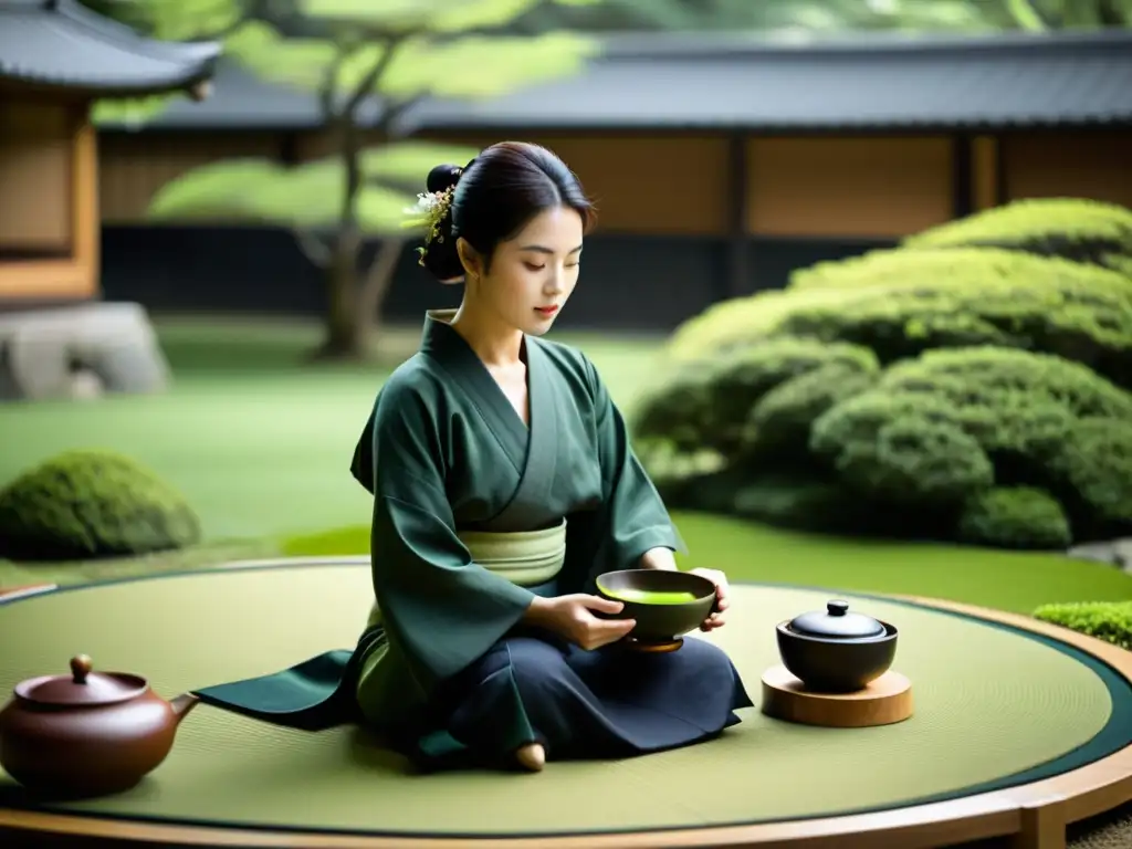 Imagen panorámica de una ceremonia del té japonés en un jardín sereno, con samuráis, reflejando el Código Bushido y la belleza del Japón feudal