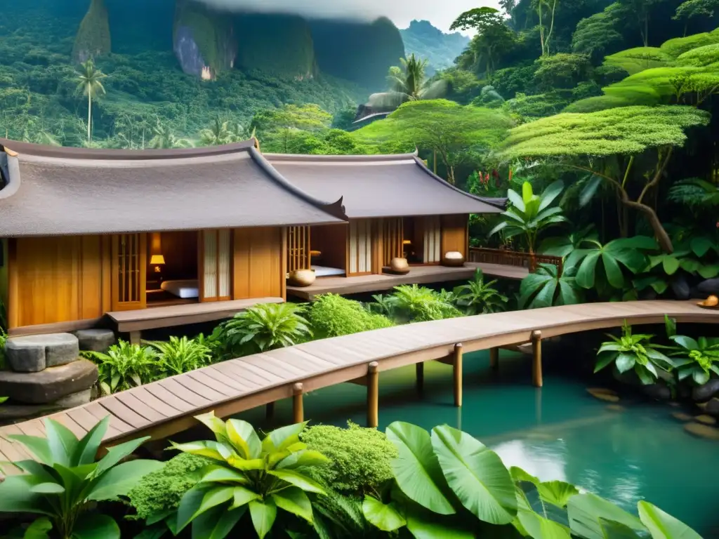 Imagen panorámica de un lujoso spa en Asia, rodeado de exuberante vegetación, con edificios de madera y actividades de bienestar