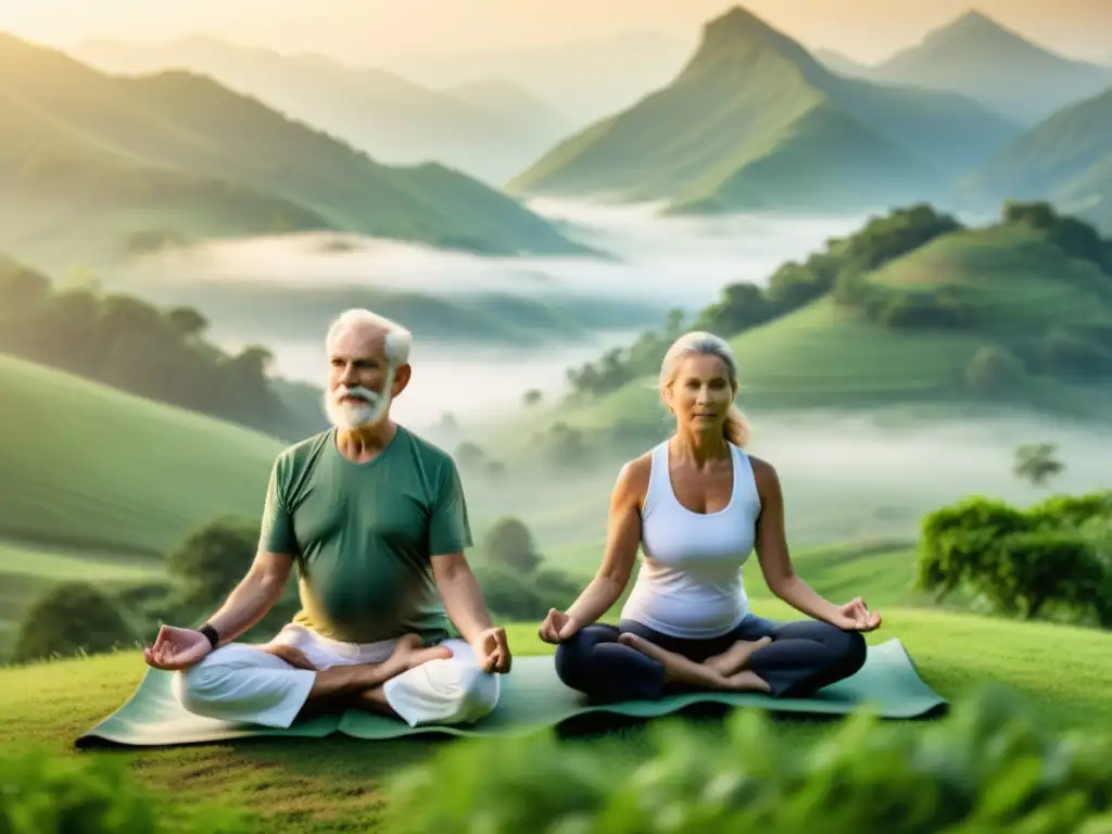 Imagen de una pareja mayor practicando yoga al amanecer en una colina verde, rodeados de montañas brumosas