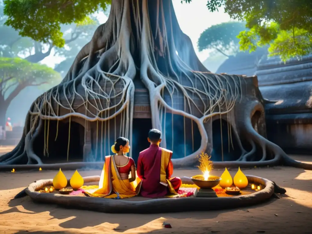 Imagen de pareja hindú realizando ritual Vat Purnima bajo árbol sagrado, amor conyugal y tradición en festival hindú