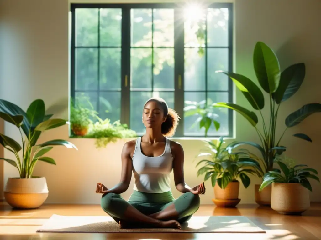 La imagen muestra a una persona meditando en un espacio tranquilo y soleado, rodeada de plantas