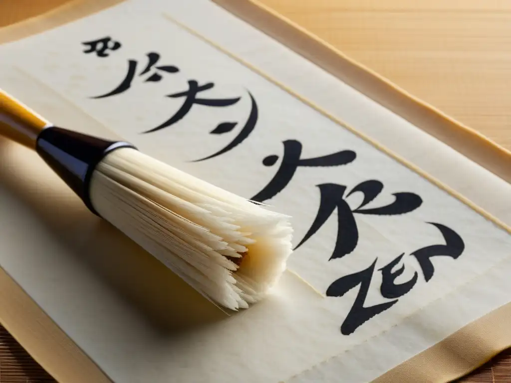 Una imagen de un pincel de caligrafía japonesa sobre papel de arroz con los caracteres de 'haiku' y 'zen' en elegantes trazos