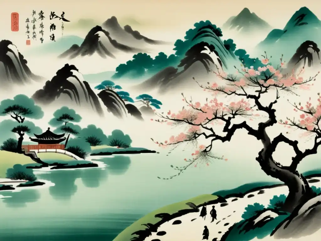 Imagen de pintura china de paisaje sereno con practicante de weiqi bajo un cerezo en flor