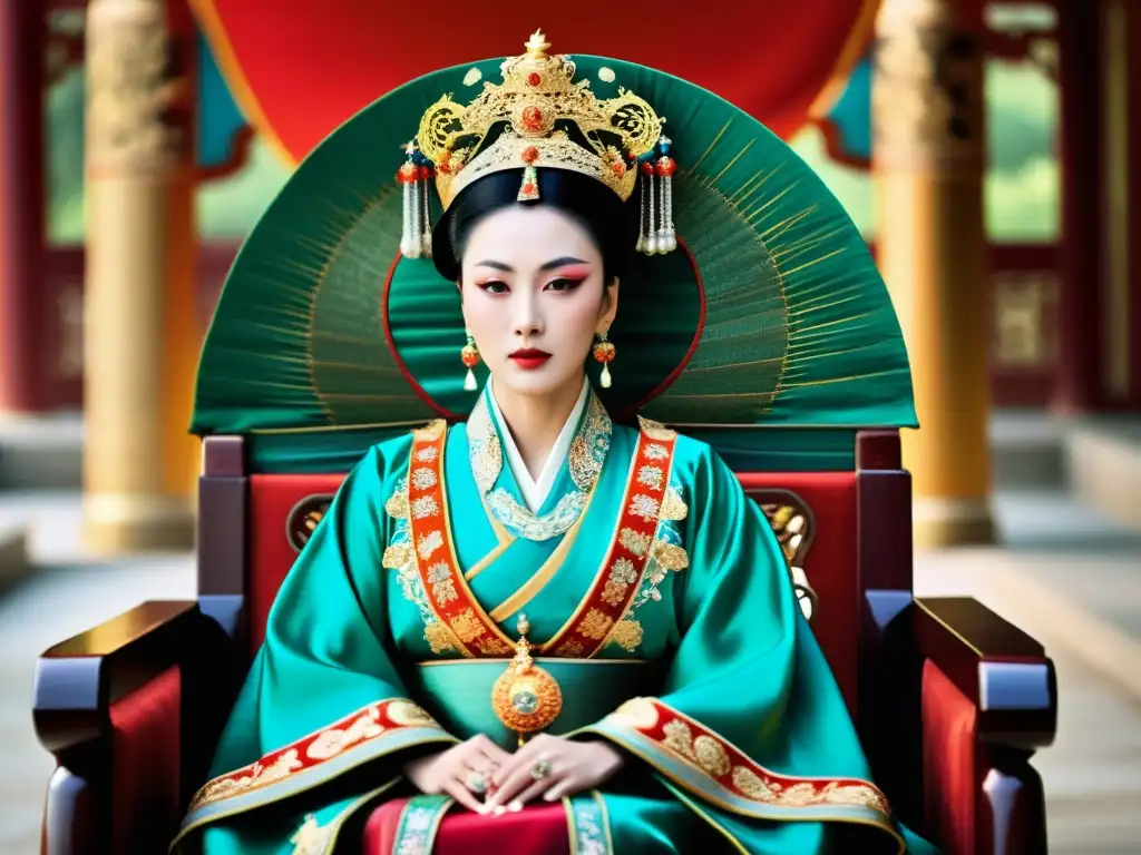 Imagen de la poderosa Emperatriz Wu Zetian en el majestuoso Palacio de la Dinastía Tang, destacando mujeres poderosas en la historia asiática