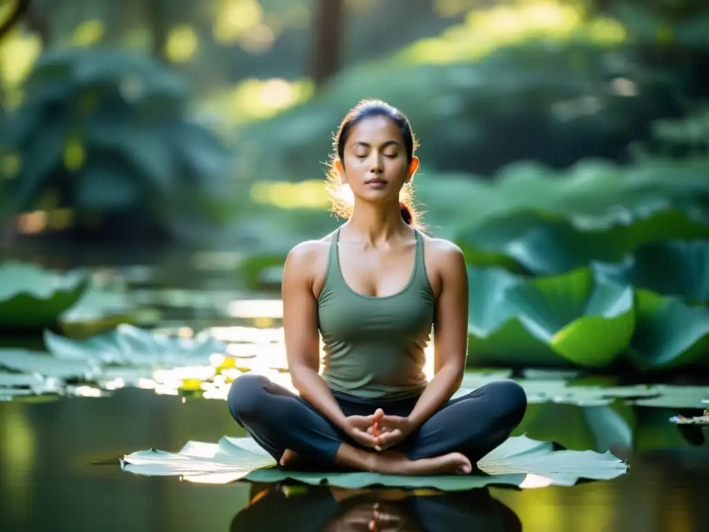 Una imagen de un yogi en posición de loto, con expresión serena y paisaje natural