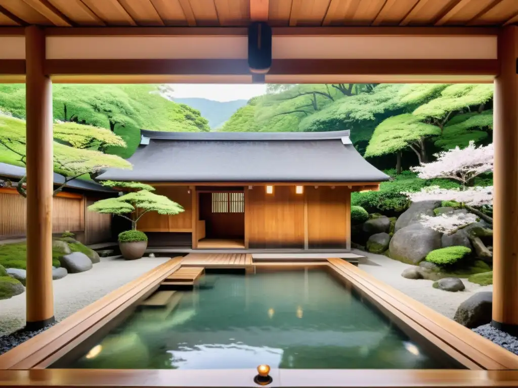 Imagen 8k de un relajante onsen japonés rodeado de exuberante vegetación, con vapor saliendo del agua cristalina