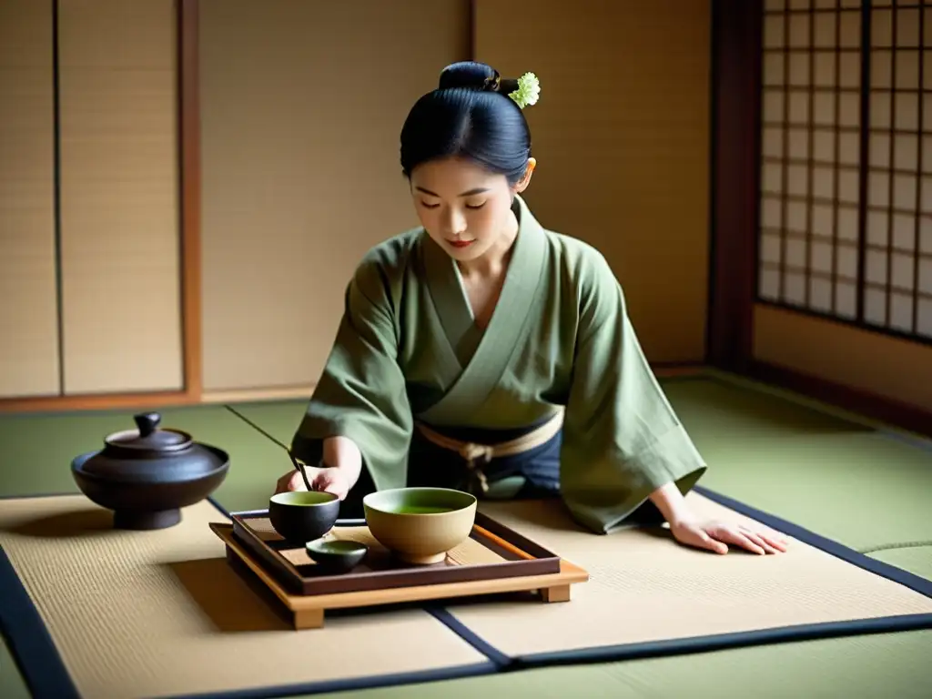 Imagen de alta resolución de una ceremonia del té japonesa en una hermosa sala de tatami