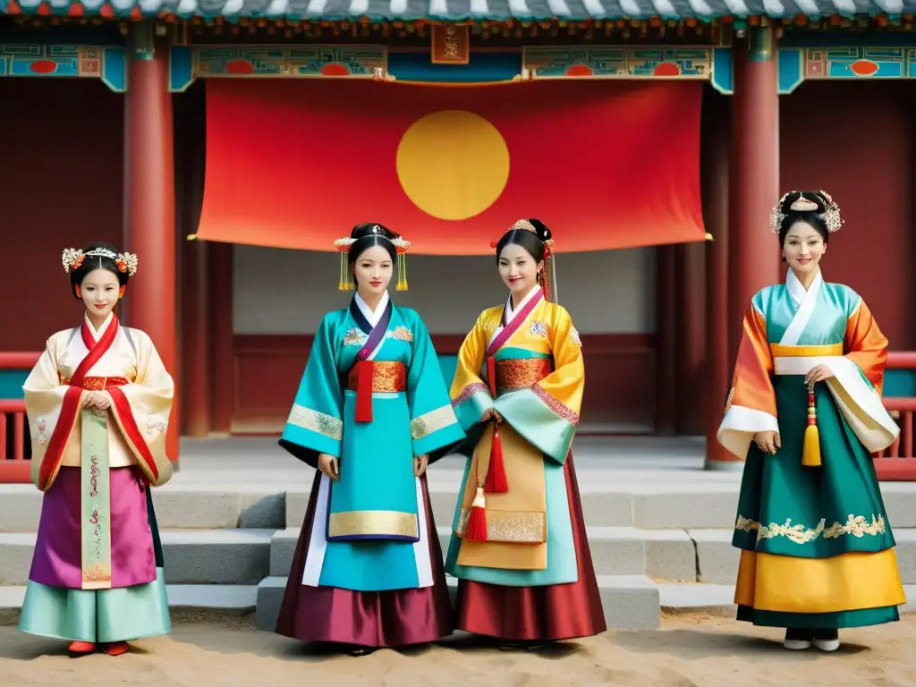 Imagen de alta resolución de una ceremonia tradicional coreana y china con deslumbrantes hanbok y hanfu