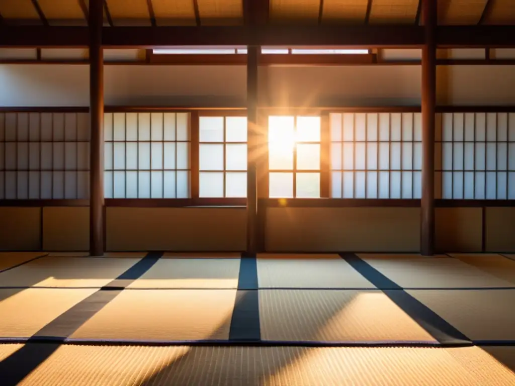 Una imagen de alta resolución de un dojo tradicional japonés al amanecer, capturando la serena atmósfera del espacio de entrenamiento