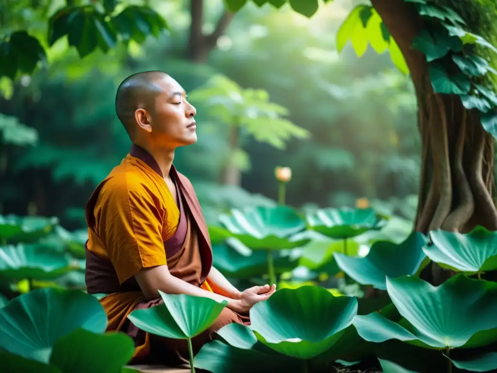 Imagen de alta resolución de un monje budista meditando en medio de exuberante vegetación, emitiendo serenidad y conexión con la naturaleza