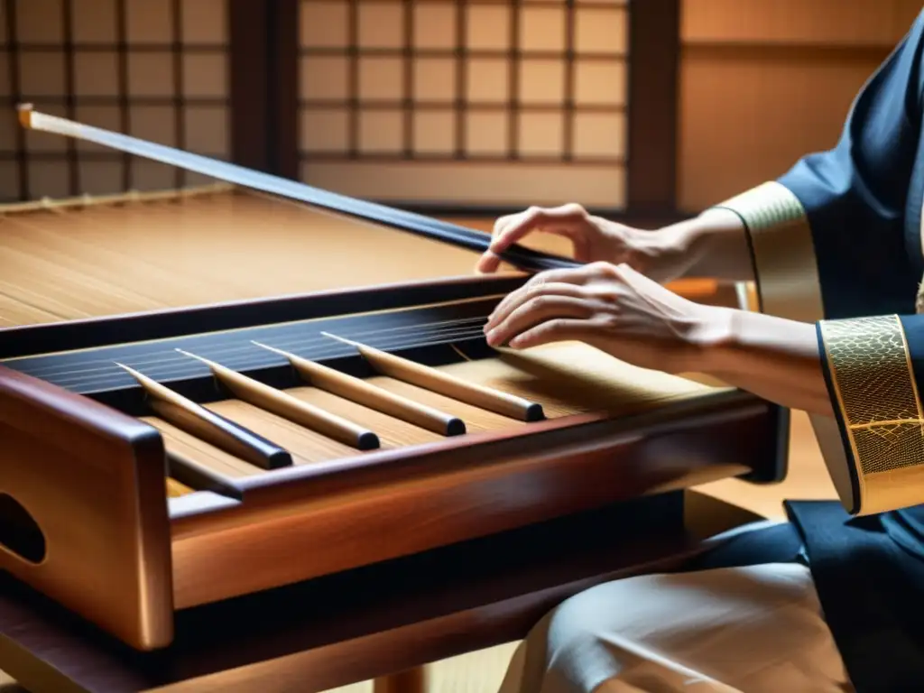 Imagen de alta resolución de un músico tocando un koto japonés en una sala tradicional, capturando la delicadeza del koto japonés