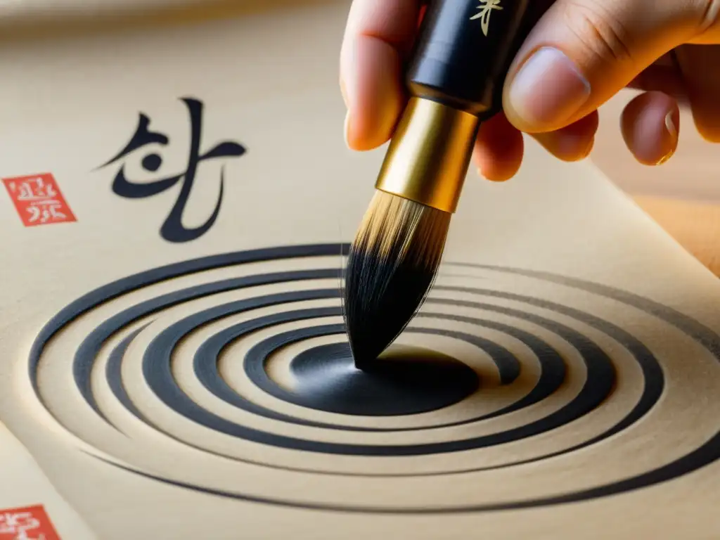 Una imagen de alta resolución muestra un pincel de caligrafía tradicional coreana trazando elegantes caracteres Hangul en pergamino