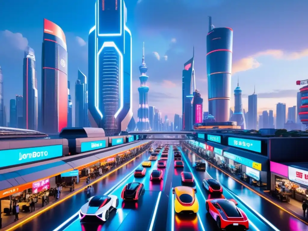 La imagen muestra una revolución industrial de Asia robótica con una ciudad futurista llena de rascacielos y tecnología avanzada