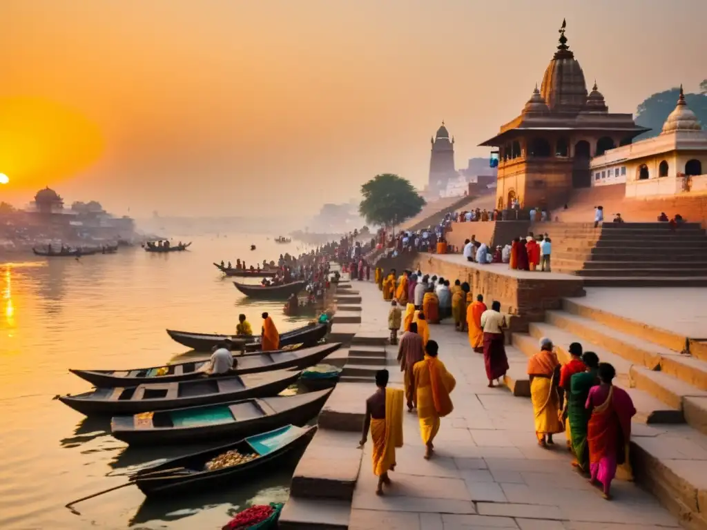 Imagen de amanecer en el río Ganges, con peregrinos en Varanasi, reflejando el autodescubrimiento en la literatura india