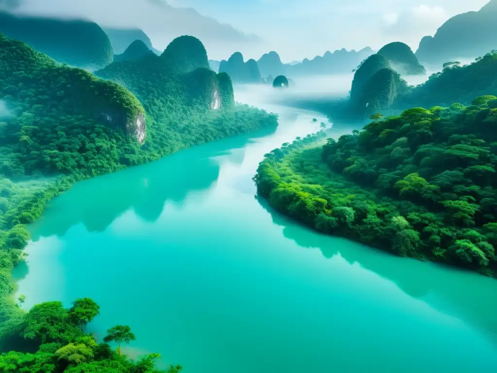 Imagen de un río serpenteante en Asia, rodeado de exuberante vegetación y vida silvestre