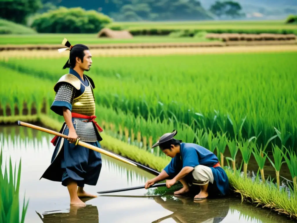 Imagen de samurái y campesinos trabajando juntos en un campo de arroz, reflejando la relación samuráis campesinos sociedad feudal