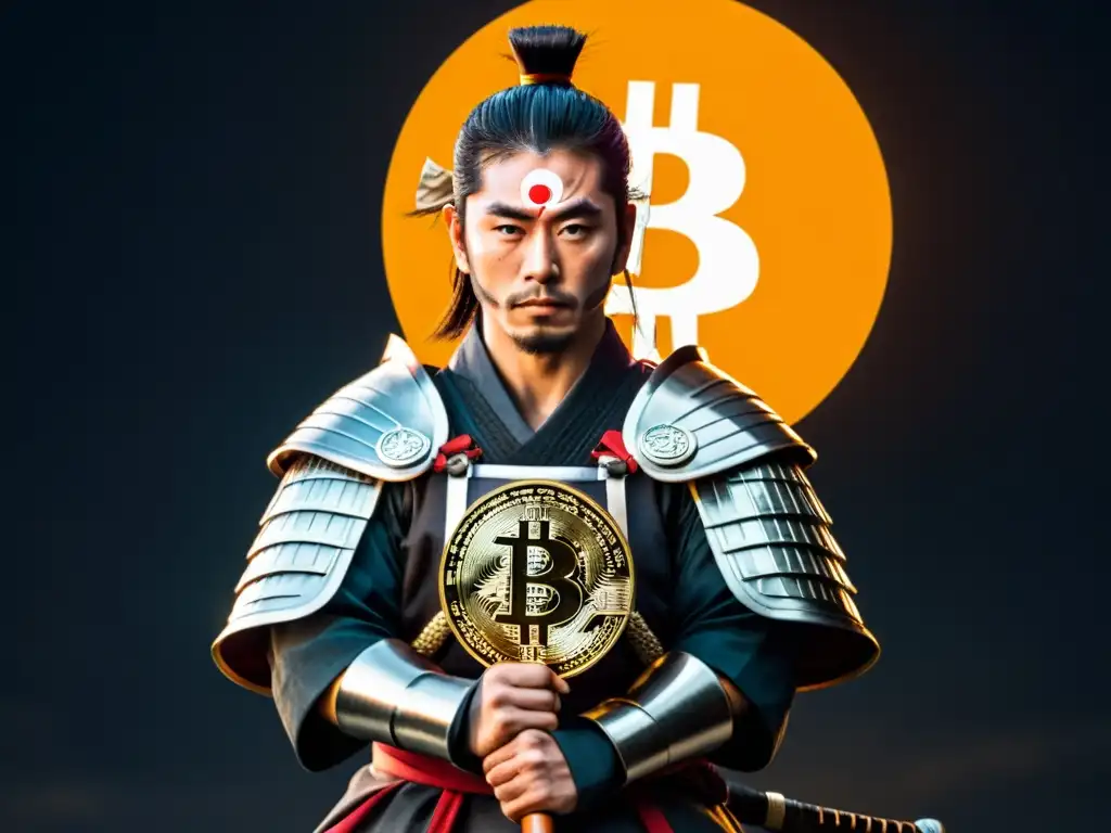 Imagen de un samurái japonés con expresión estoica en armadura tradicional, sosteniendo una katana con símbolo de Bitcoin