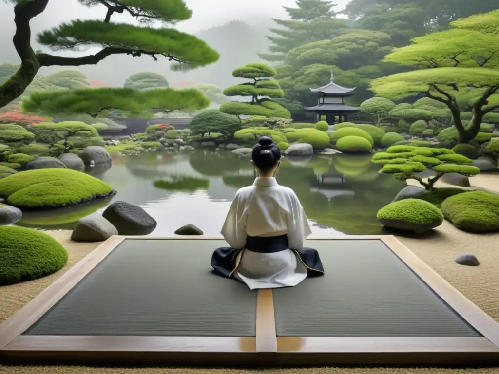 Imagen de un jardín Zen con un samurai meditando, reflejando la serenidad del paisaje