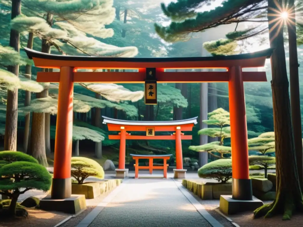 Imagen de un santuario Shinto en el bosque con visitantes realizando ofrendas, reflejando la filosofía Shinto y sus tradiciones japonesas en armonía con la naturaleza