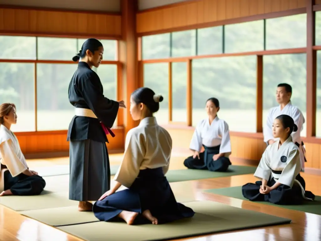 Una imagen serena de aula con luz natural, estudiantes y profesor practicando técnicas de Aikido, demostrando armonía y resolución pacífica