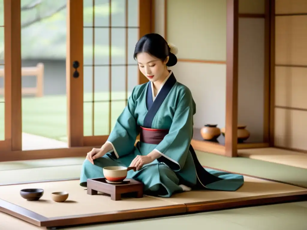 Imagen de una serena ceremonia del té coreano tradicional en un elegante entorno minimalista con una atmósfera de reverencia y armonía