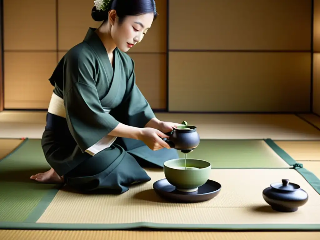 Imagen de una serena ceremonia del té japonesa zen, con maestro preparando matcha en una habitación minimalista y tradicional