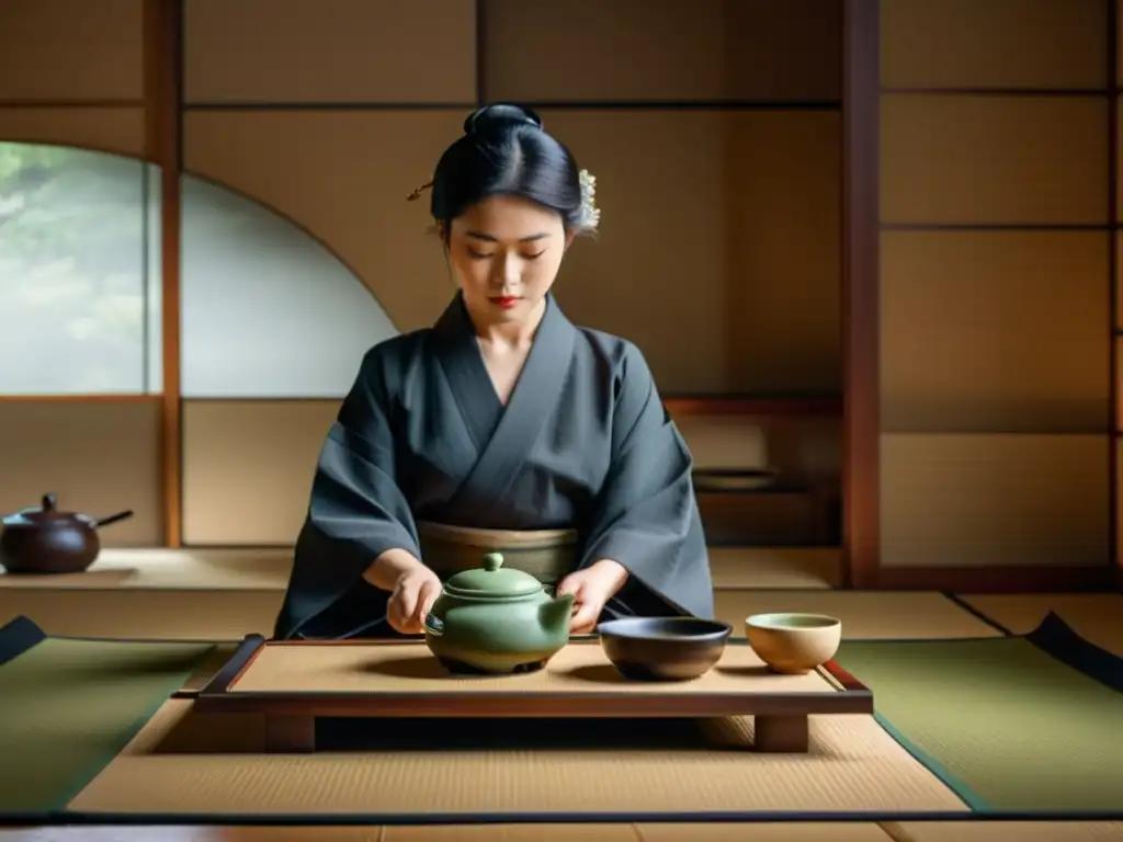 Imagen 8k de una serena ceremonia japonesa del té, evocando el arte samurái y la cultura asiática