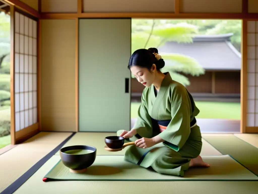 Imagen de una serena ceremonia del té japonesa zen en una tradicional sala tatami con jardín japonés al fondo, donde un maestro del té realiza el ritual con gracia y tranquilidad