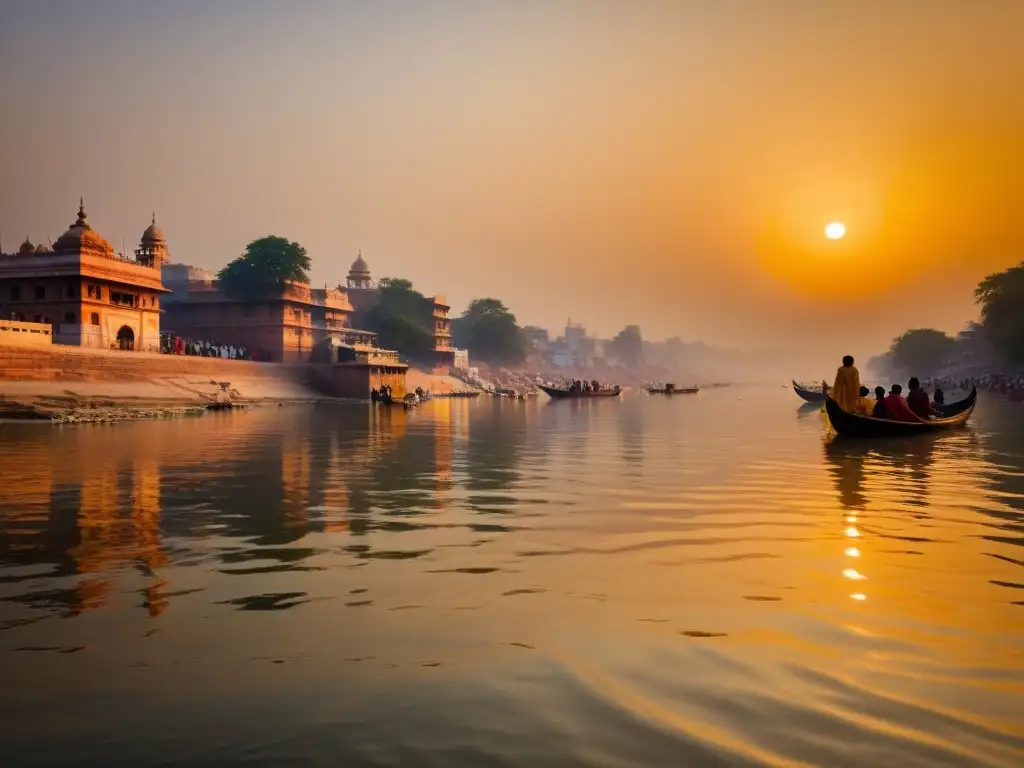 Imagen serena del río Ganges al amanecer, reflejando la espiritualidad y tradición sagrada del hinduismo con peregrinos y rituales