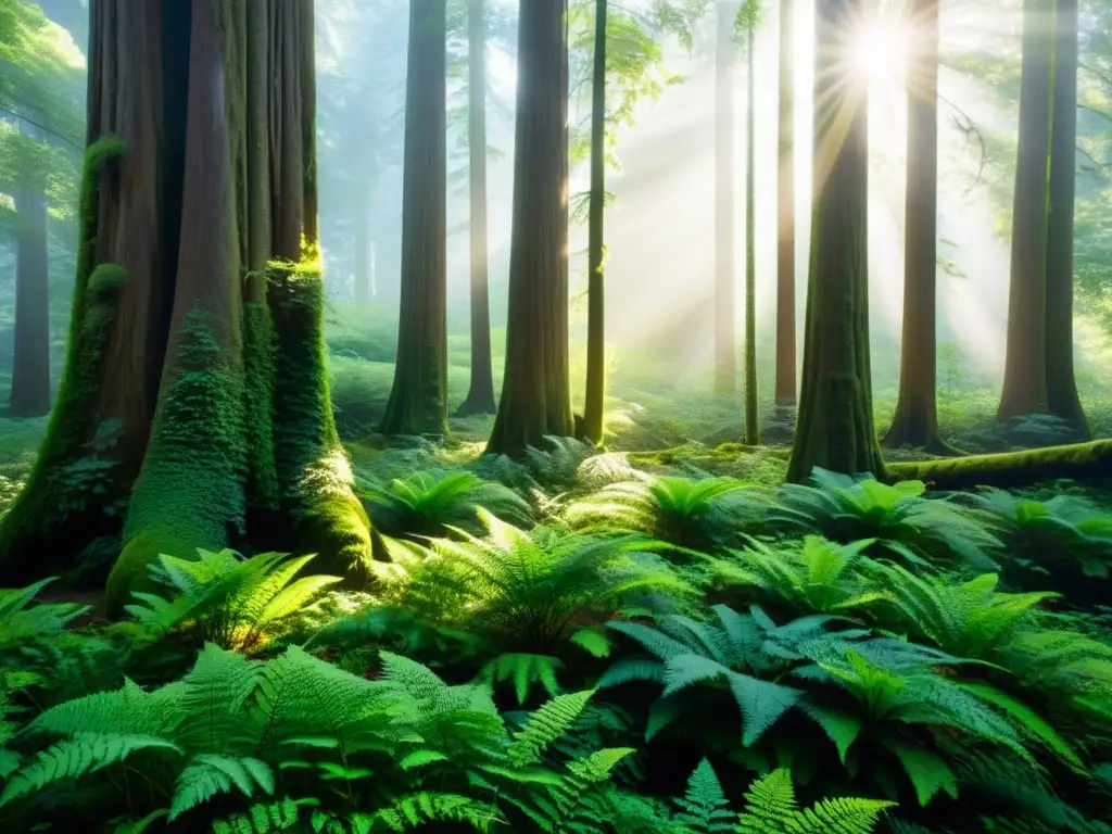 Imagen serena de un exuberante bosque verde, con árboles antiguos y abundante vegetación