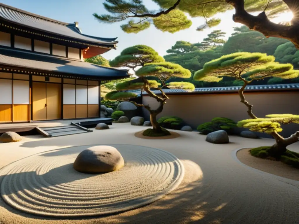 Imagen serena de un jardín Zen en Japón, con grava rastrillada, rocas y árboles podados