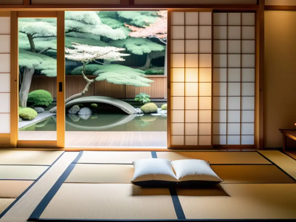 Imagen de una serena habitación japonesa con Resonancia de La Casa de las Bellas Durmientes, evocando tranquilidad y contemplación