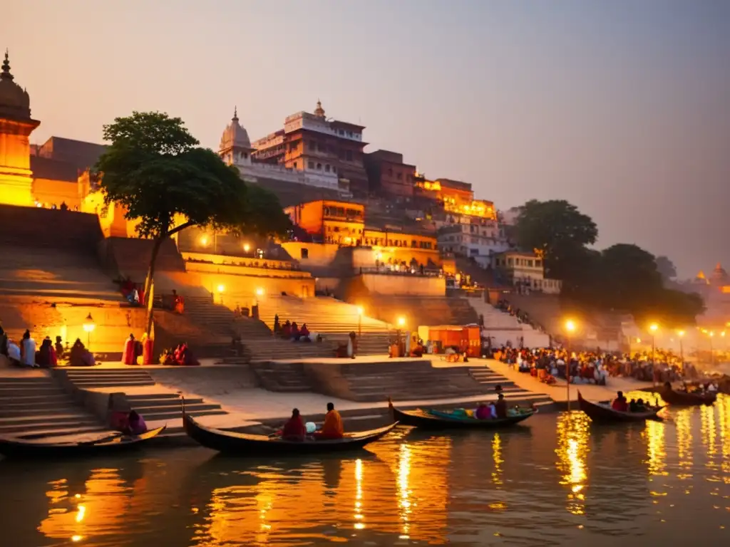 Imagen serena del río Ganges en Varanasi, con la luz matutina iluminando los ghats y reflejándose en el agua tranquila