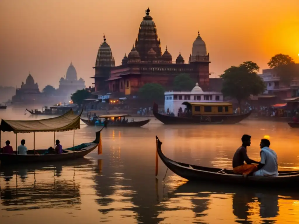 Imagen de una serena mañana brumosa en las orillas del río Ganges en Varanasi, India, reflejando la dualidad en la filosofía hindú