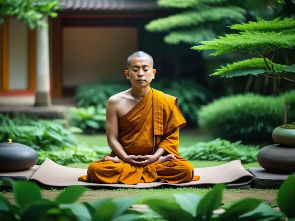 Imagen serena de monje budista meditando en un jardín tranquilo, potenciando el significado del poder del silencio y la meditación budista